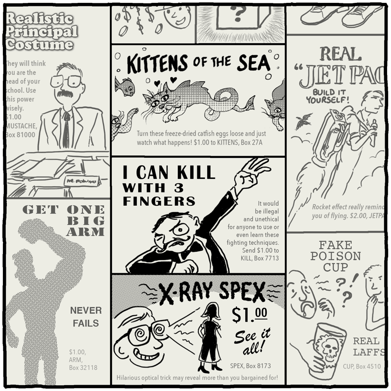 Image: A comic-book page full of ads for old novelty items. At the bottom of the page is one for 'X-Ray Spex'.
